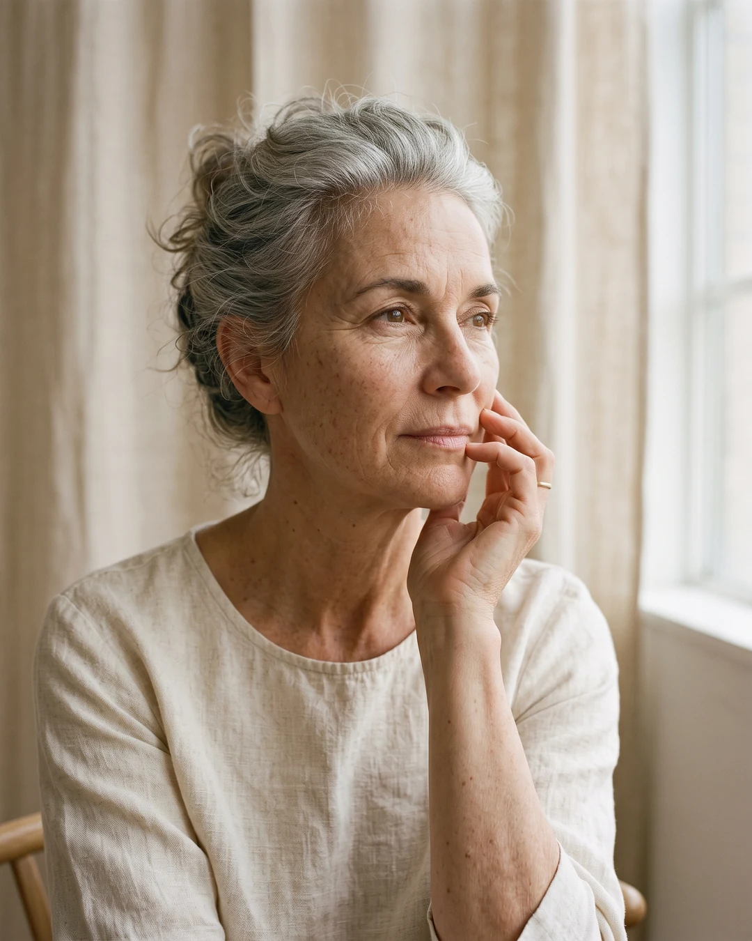 Silver-haired woman, hand resting on her cheek