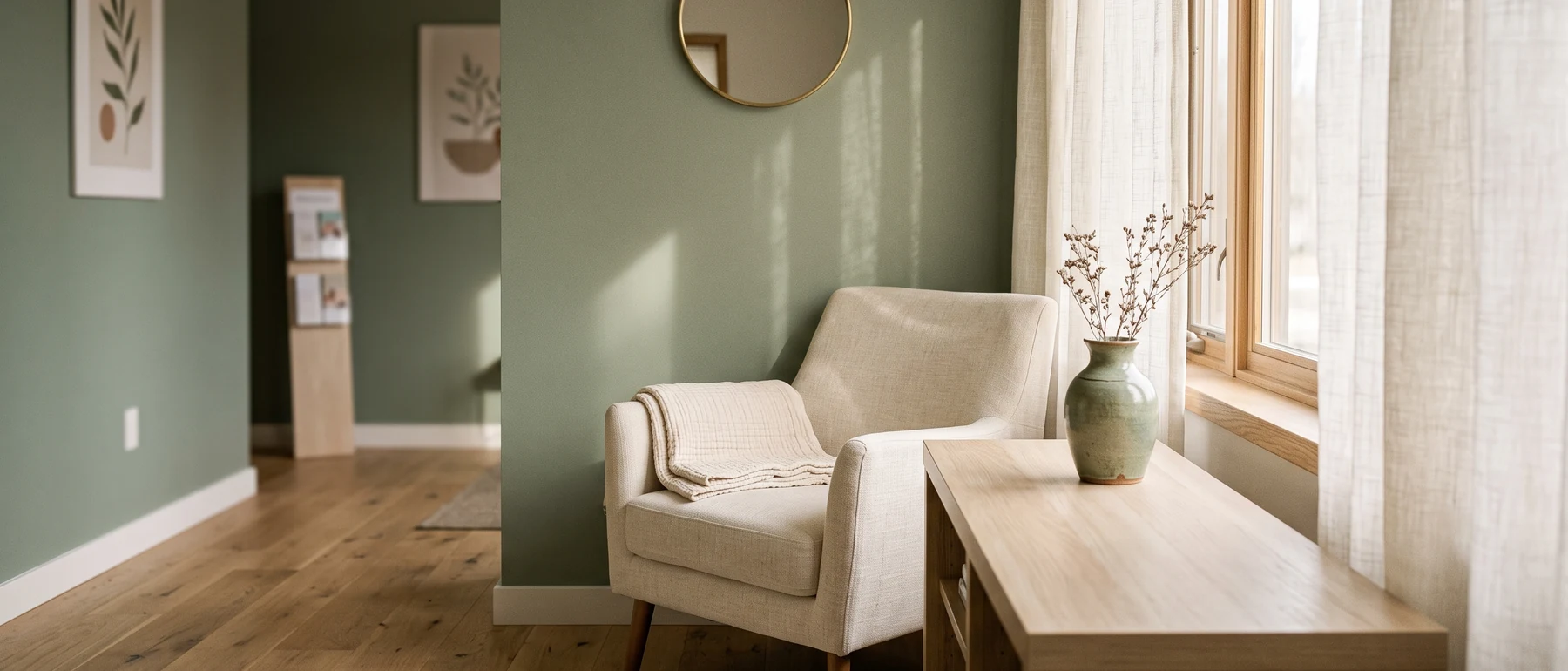Coin d’accueil calme : fauteuil crème, mur sauge et lumière de fenêtre