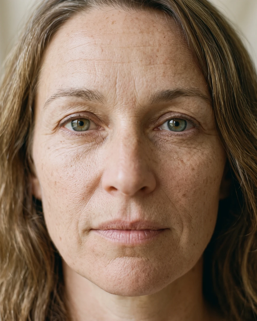 Gros plan sur le regard d’une femme de 48 ans, peau naturelle sous les yeux