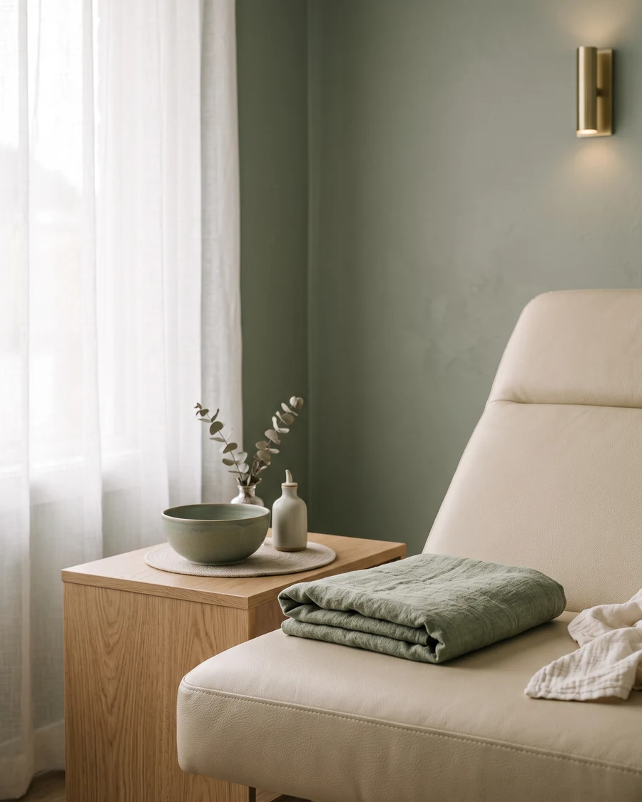 Coin d’une salle de soin : fauteuil crème, serviette sauge et bol de céramique
