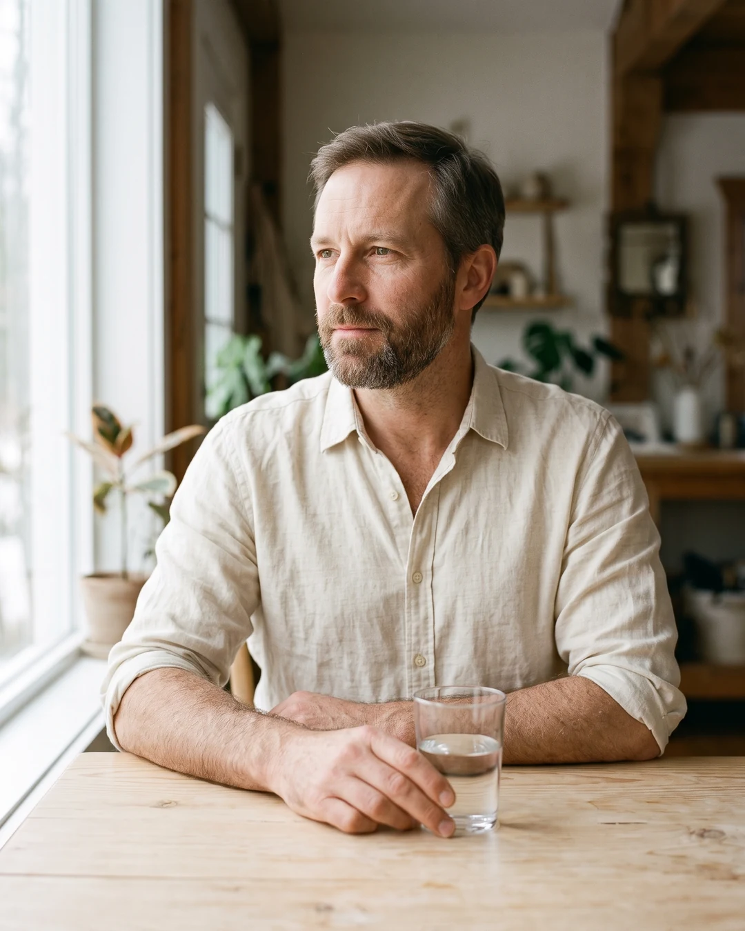 Man sitting at a wood table by a window, a glass of water in front of him