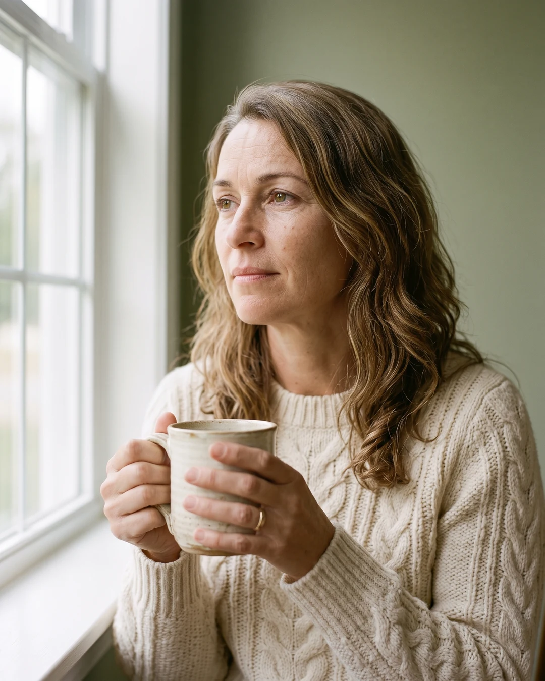 Woman sitting by a window, a warm mug in her hands