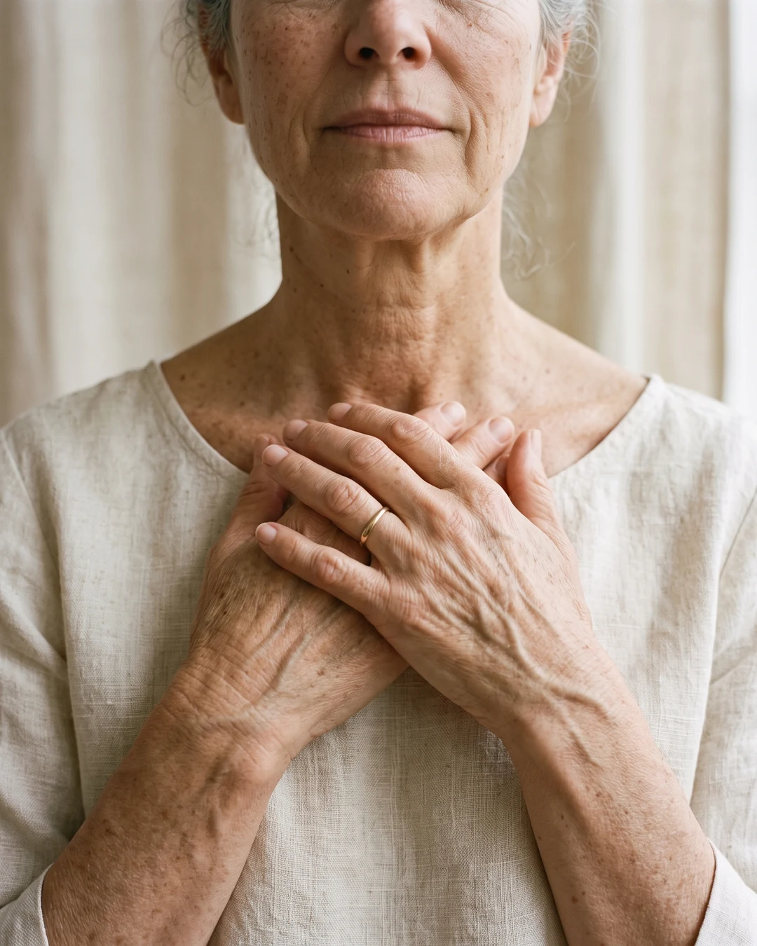 Mains croisées sur le décolleté d’une femme de 60 ans
