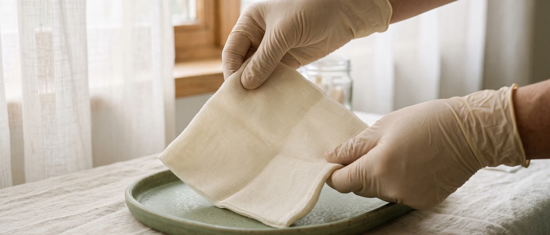 Mains gantées dépliant une compresse au-dessus d’un plateau sauge