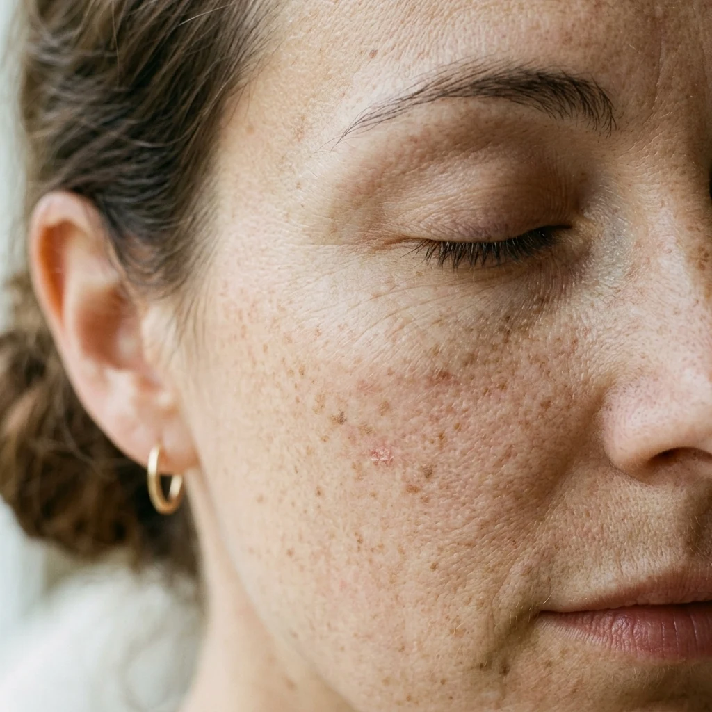 Gros plan sur une joue : pores, taches de rousseur et petites marques