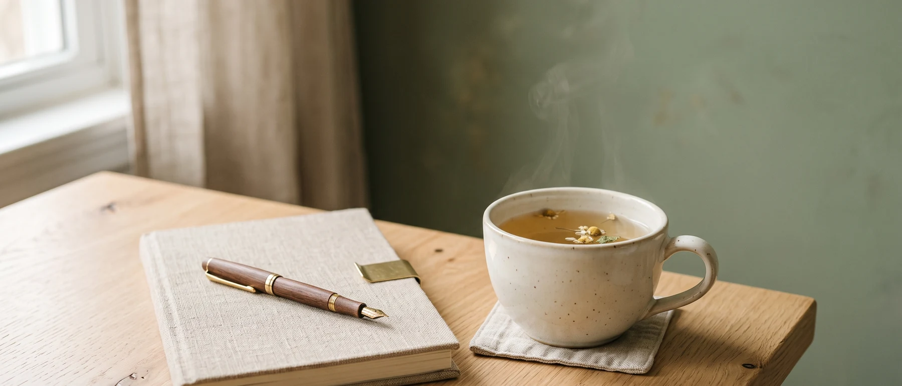 Tasse de tisane et carnet sur un bureau de bois clair