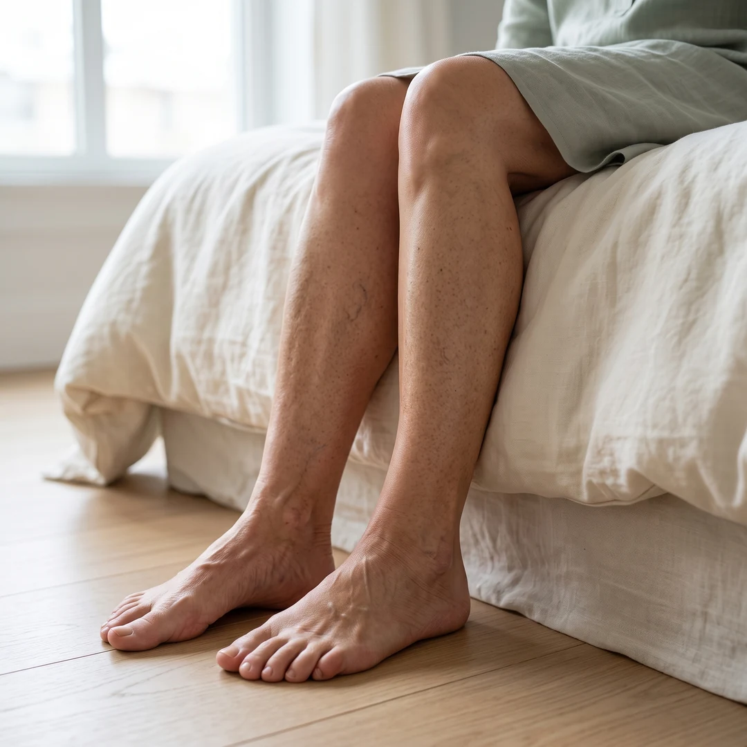 Jambes et pieds nus au bord d’un lit de lin